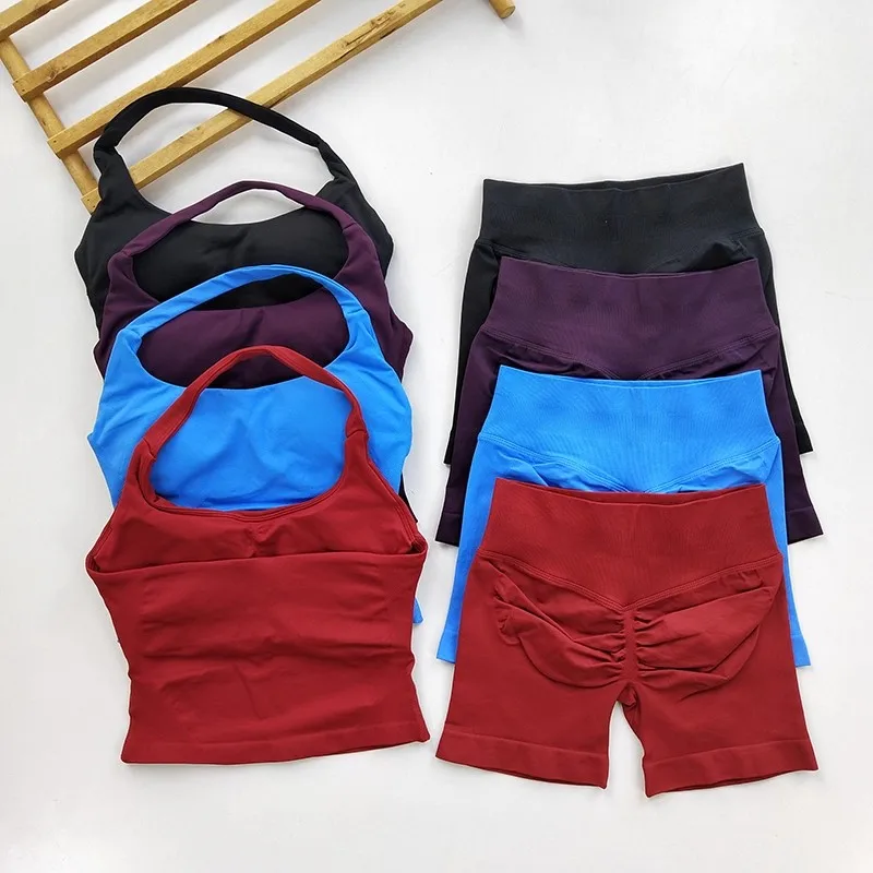 Conjunto de gimnasio para Yoga Mujer Tops Halter Espalda Descubierta Pantalones Cortos
