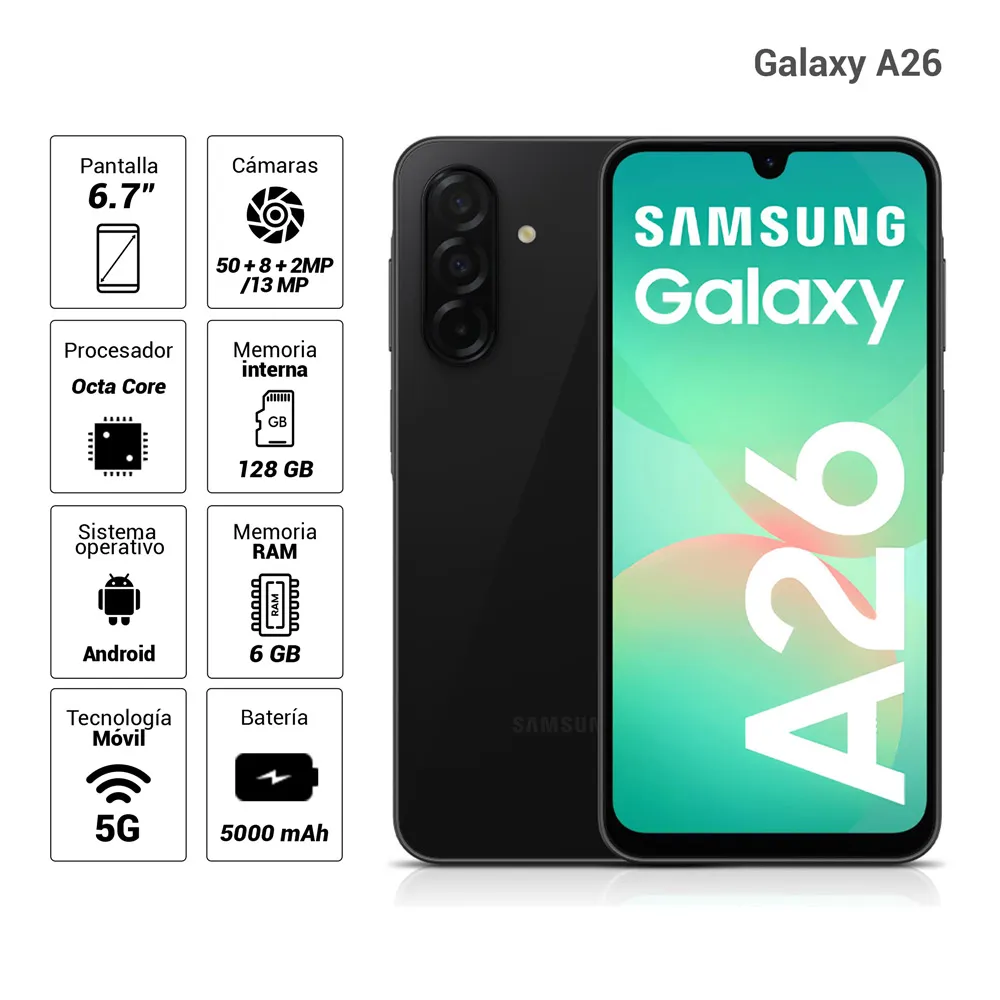 Samsung Galaxy A26 5G, 6GB RAM, 128GB, 6.7" Pantalla, Negro