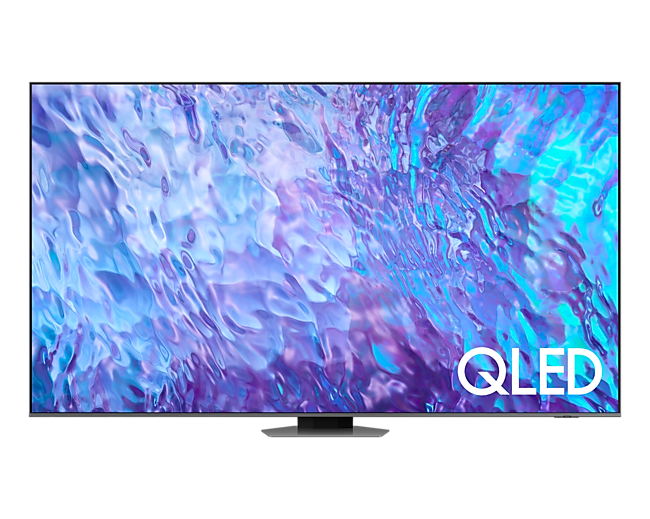 Televisor Samsung QLED Pantalla abstracta de burbujas en tonos azules y rosas