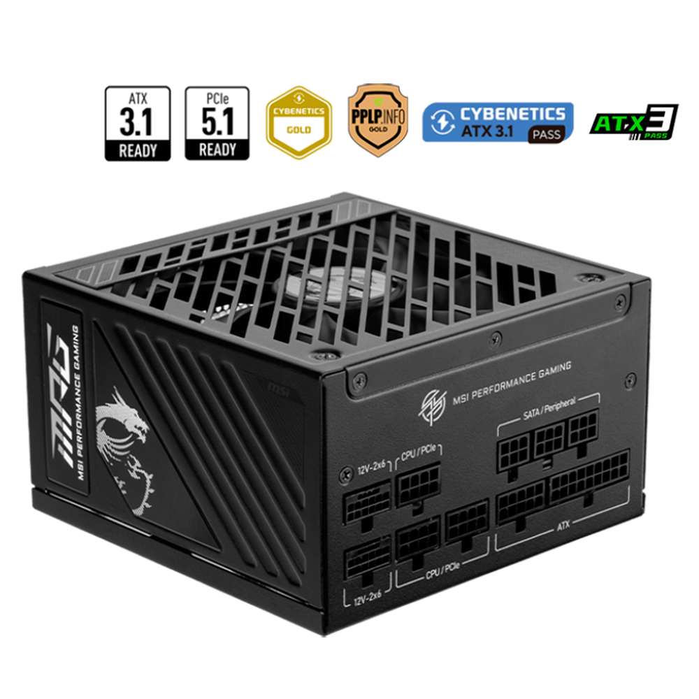 Fuente de poder MSI MPG A1000GS PCIE5, 1000 W, 80 Plus Gold, ATX 3.1