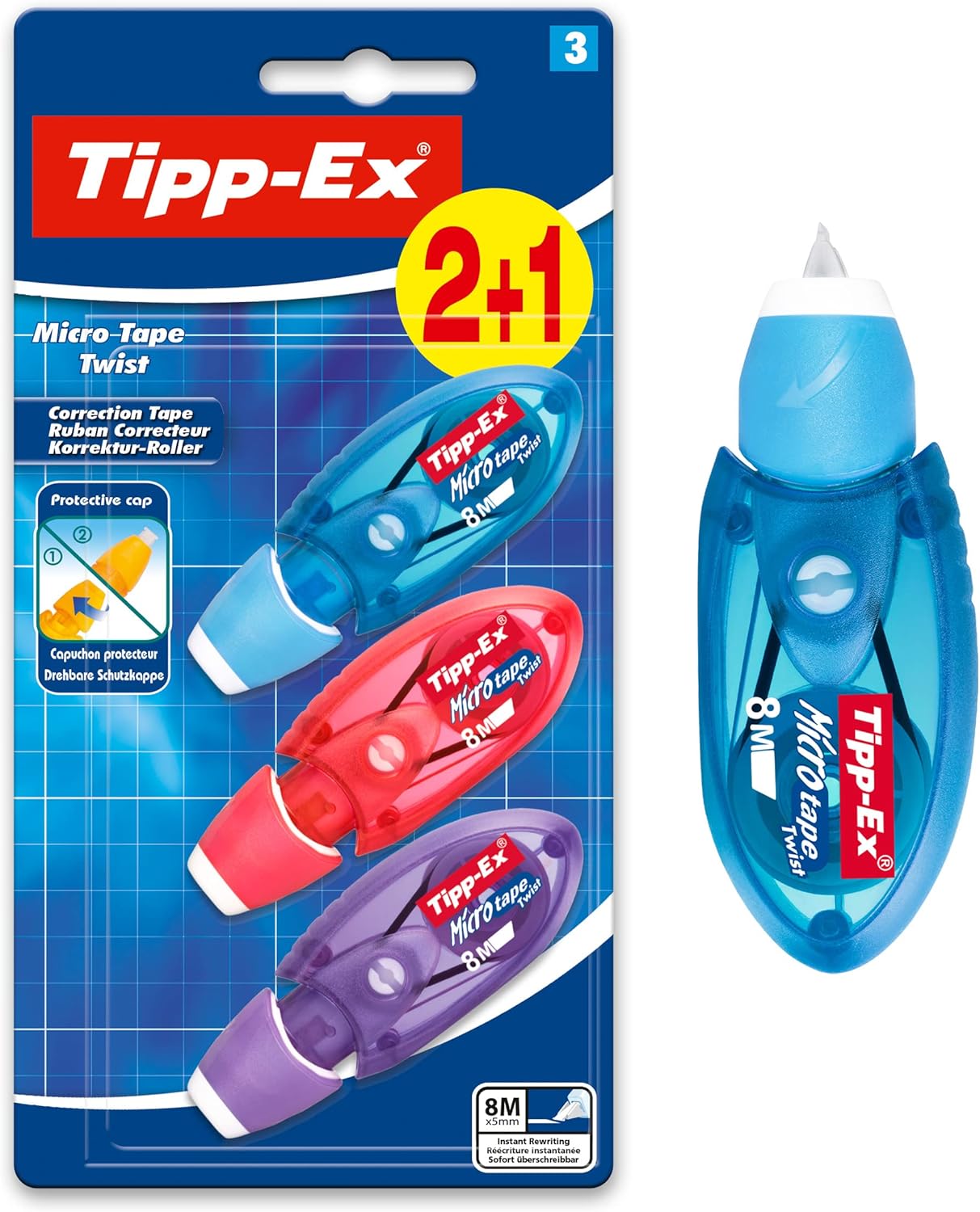 BIC Tipp-Ex Cinta Correctora para Material Escolar, Micro Tape Twist, 8m x 5mm, Con Cabezal Rotativo
