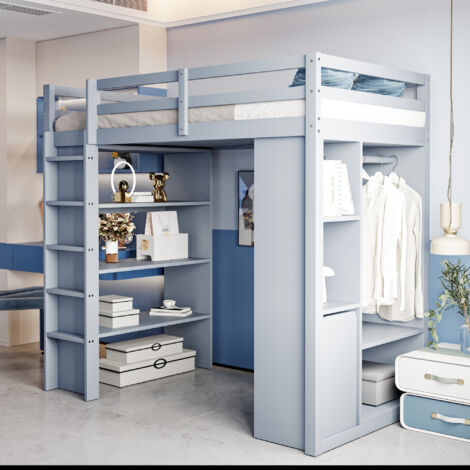 Cama alta infantil de madera de 90x200 cm con 3 estantes, 1 carrito con ruedas extraíble + 1 armario, colchón no incluido, anticaídas, gris - 419.99€