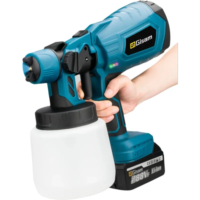 Gismis-pISTOLA DE PULVERIZACIÓN eléctrica para el hogar, pulverizador de pintura inalámbrico HVLP, aerógrafo con revestimiento de acero para muebles de coche, batería de 18V Pi, 1000ML