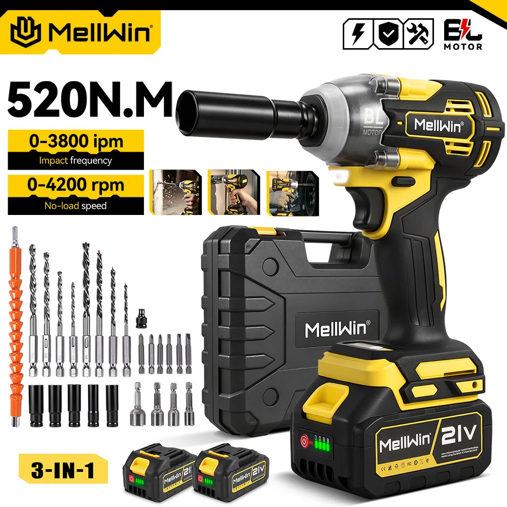 MELLWIN Taladro Eléctrico Multifunción Sin Escobillas 520N·m, Juego 3 en 1 con Llave de Impacto y Atornillador, Herramienta Eléctrica Compatible con Batería Makita de 18V