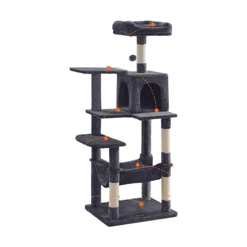 Feandrea-árbol para gatos de 143 cm, torre para gatos de interior, condominio para gatos con 4 postes para rascar, 2 perchas, pompones, gris ahumado/Negro Tinta/Marrón Camello/Beige/Rosa Caramelo/Blanco Crema