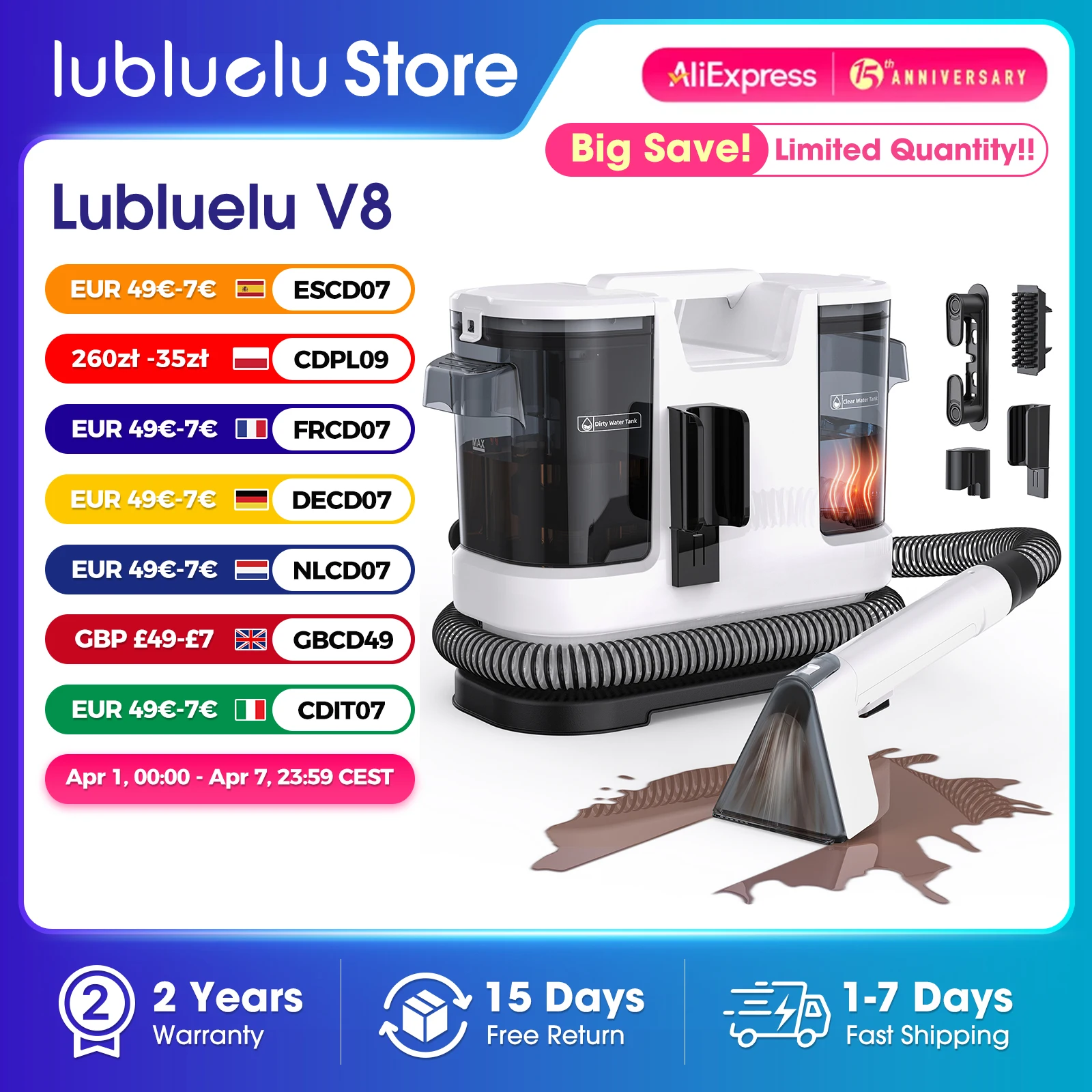 Lubluelu V8 800W Limpiador de alfombras de agua caliente 60 ° C limpieza profunda de las manchas 15kPa del animal doméstico fuerte succión 5M cable de alimentación largo 1.75L tanque