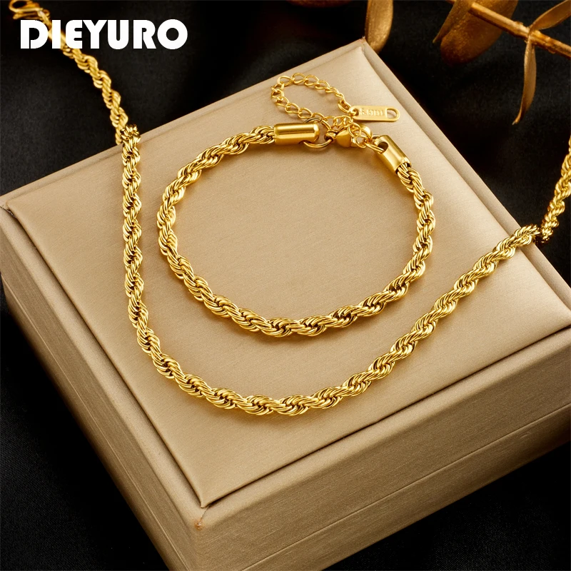 DIEYURO-collar de cadena de acero inoxidable 316L para mujer y niña, pulseras de Color dorado, conjunto de joyería sin decoloración, accesorios