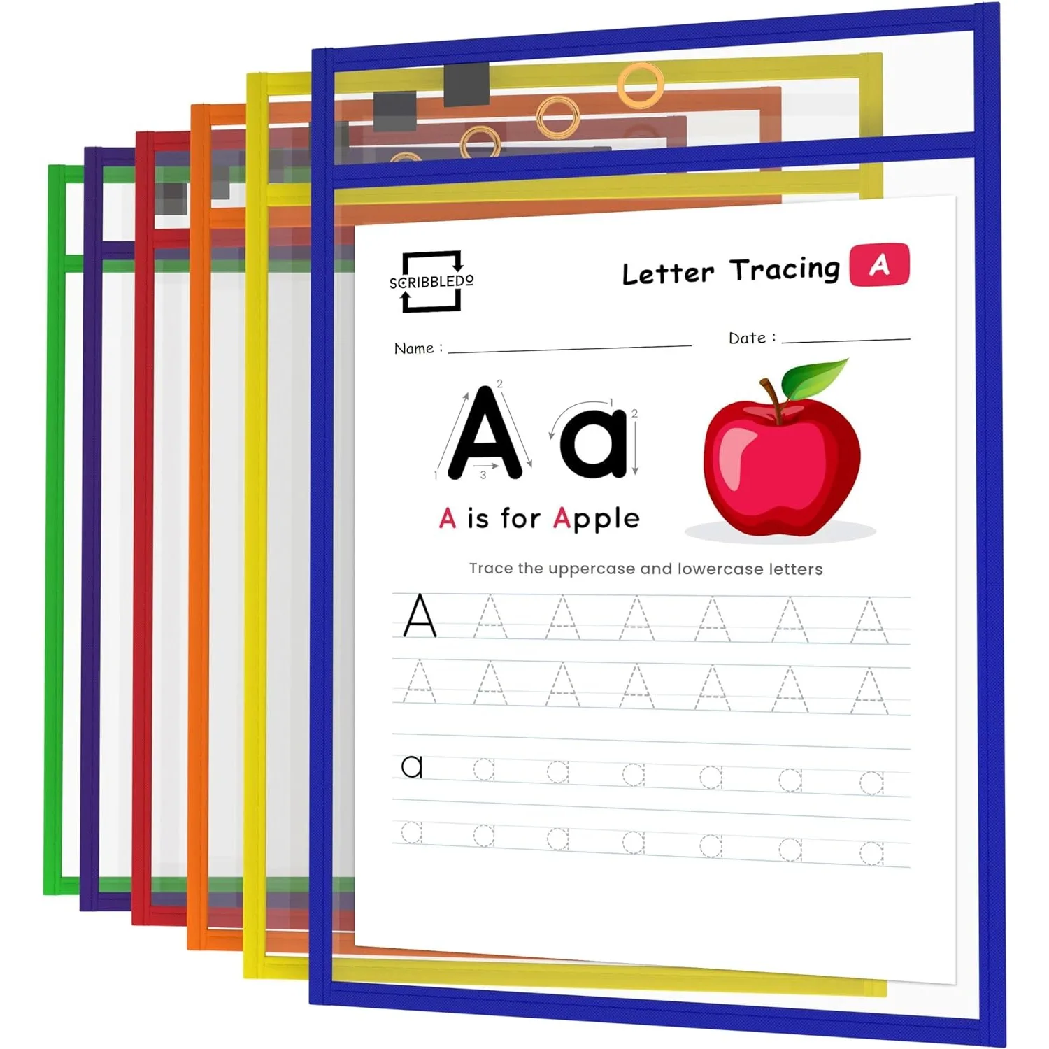 Paquete de 6 fundas reutilizables con bolsillos de borrado en seco, fundas coloridas para Protector de hojas de oficina escolar