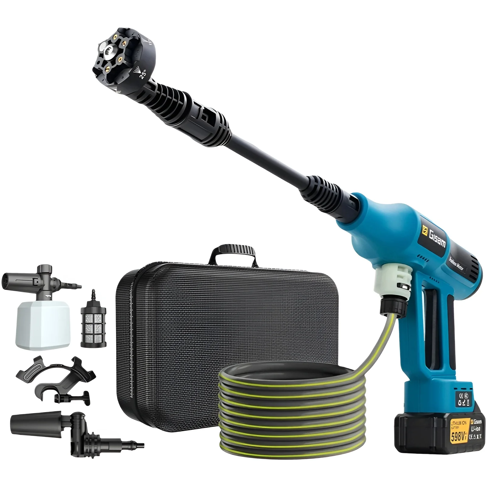 Gisam Pistola de Lavado a Presión Eléctrica sin Escobillas de 250 Bares, 4 Velocidades, para Lavado de Autos y Hogar, Compatible con Batería Makita de 18V