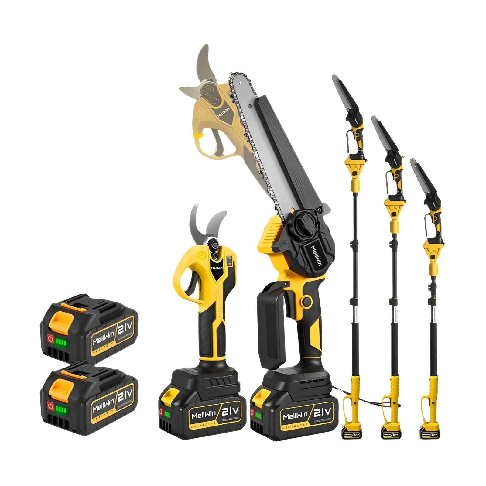 MELLWIN Juego de herramientas de poda para jardín con motosierra telescópica 4 en 1 sin escobillas de 8 pulgadas y tijeras de podar de 32 mm para batería Makita de 18 V