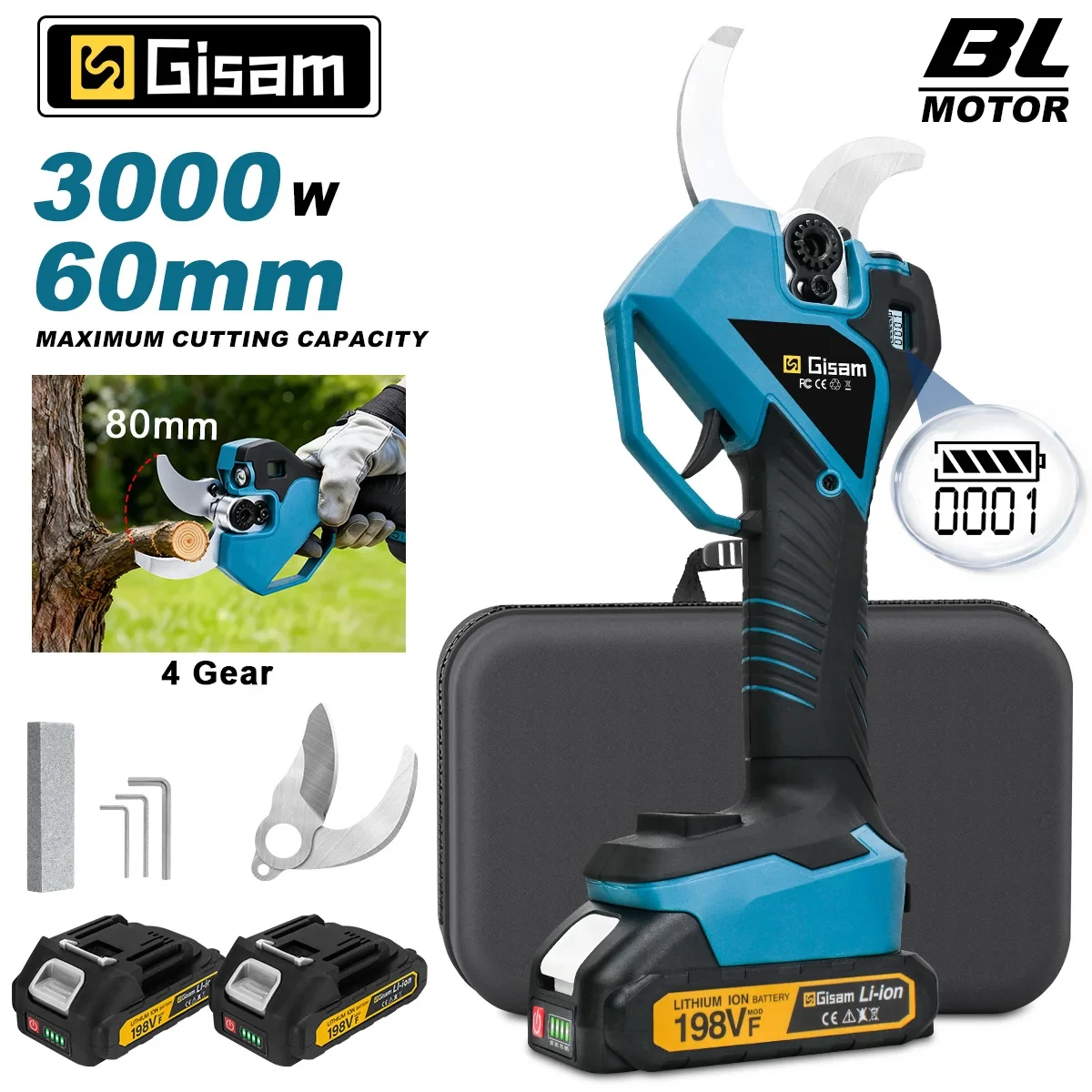 Tijeras de podar eléctricas sin escobillas Gisam de 60 mm, 3000 W, inalámbricas, para ramas de árboles frutales, herramienta eléctrica para baterías Makita de 18 V