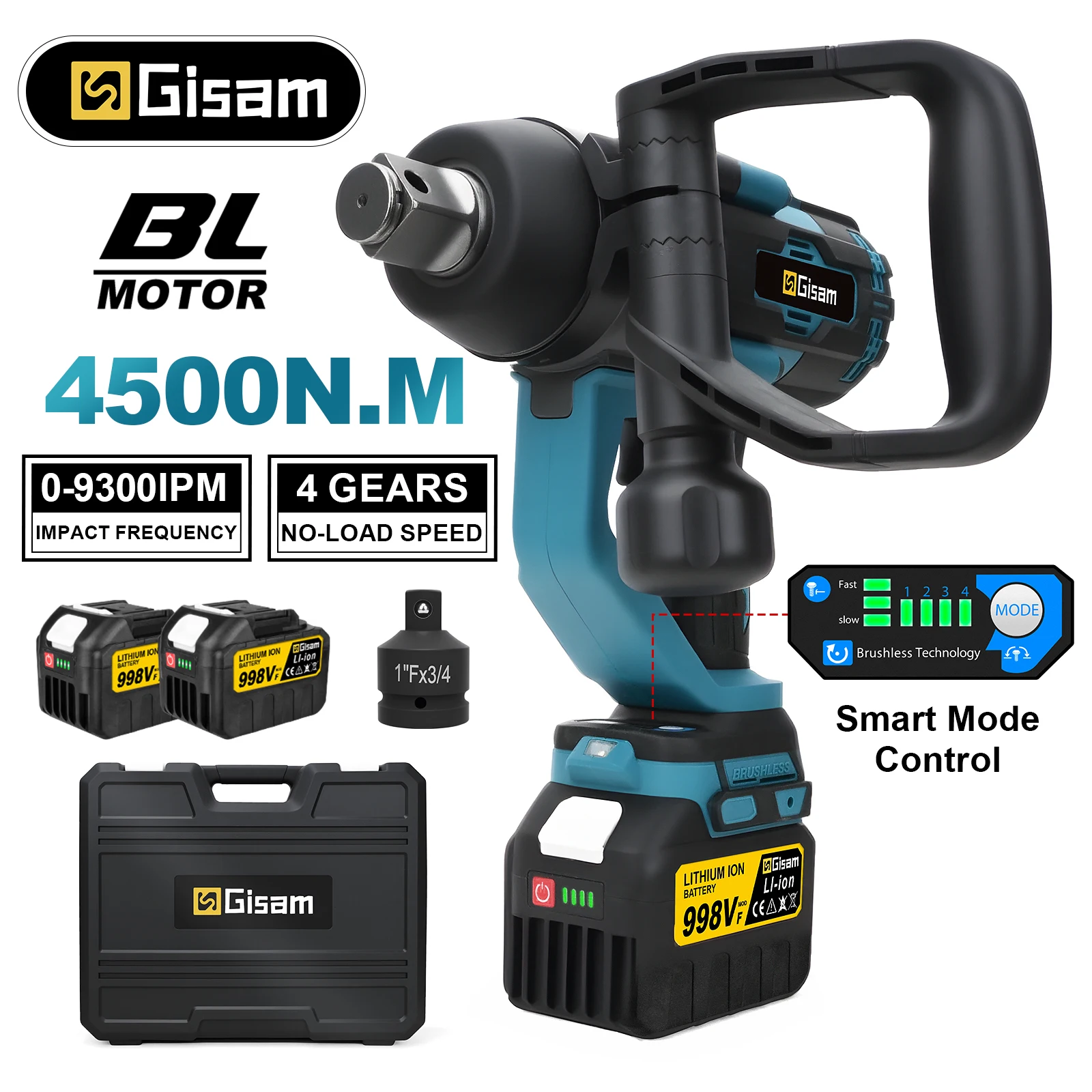 Llave eléctrica sin escobillas Gisam 4500N.M, llave de impacto inalámbrica de 1 pulgada, taladro destornillador eléctrico para batería Makita de 18V