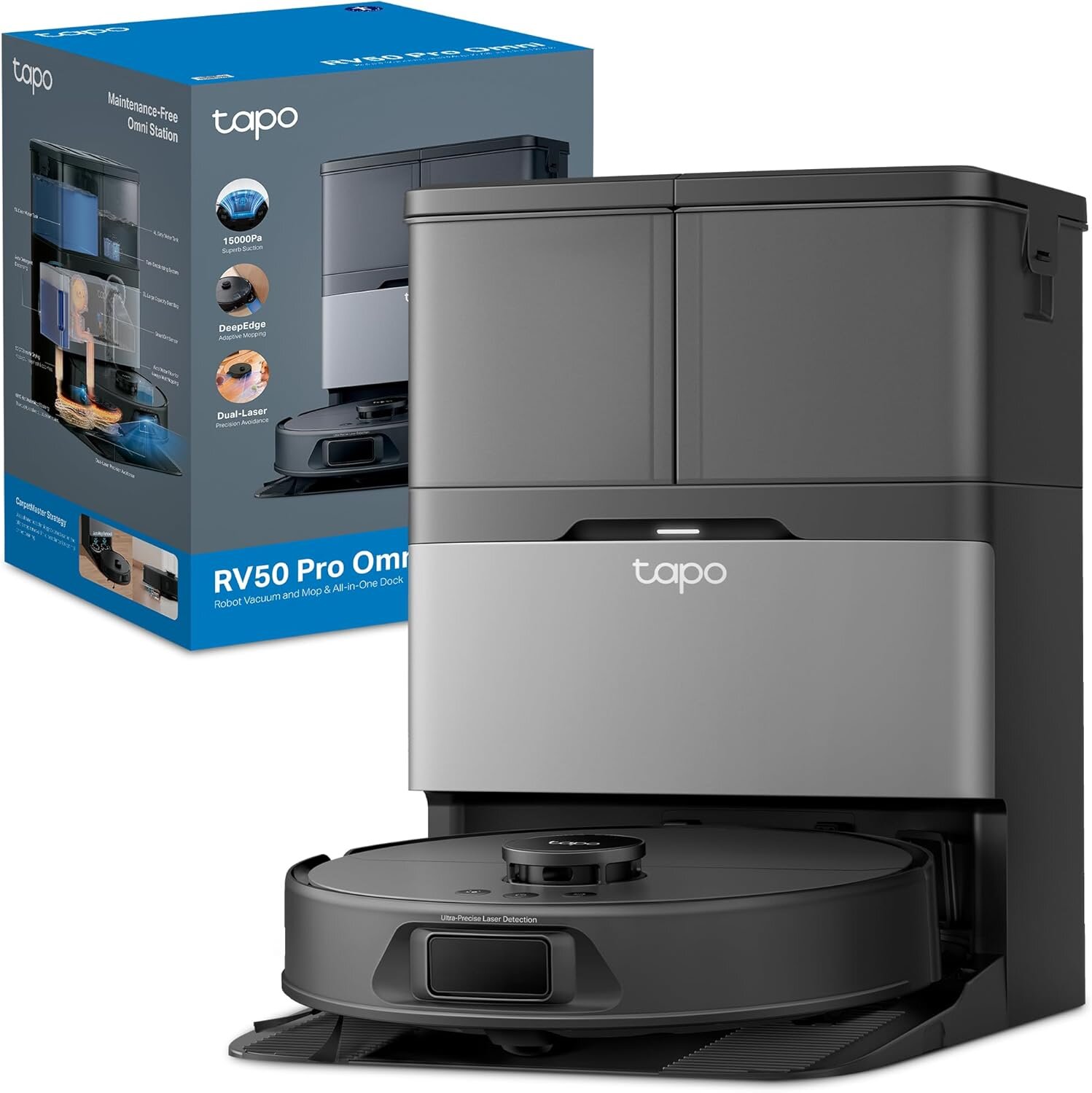 Tapo Robot Aspirador RV50 Pro Omni, Navegación Láser Dual, Autovaciado, Estación Todo-en-Uno con Depósito de Agua 5L