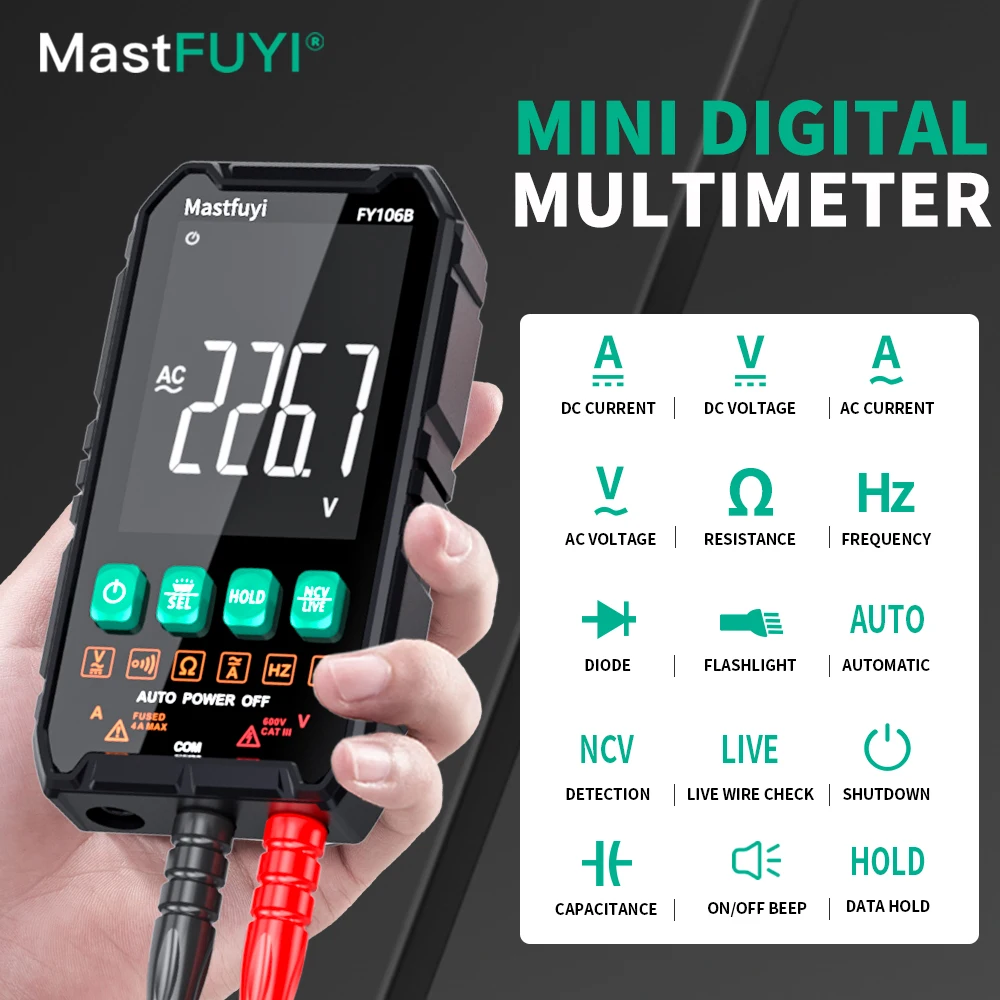 Mastfuyi Multímetro Digital Profesional Mini Capacitance Voltage CC/CA Ohm Hz NCV