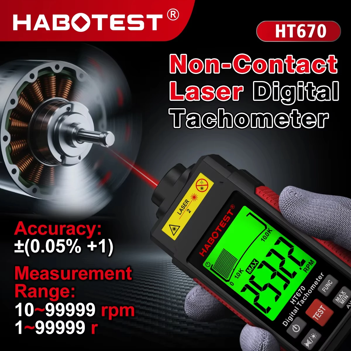 HABOTEST HT670 Tacómetro láser digital Medidor de rpm sin contacto con retroiluminación LCD para motores