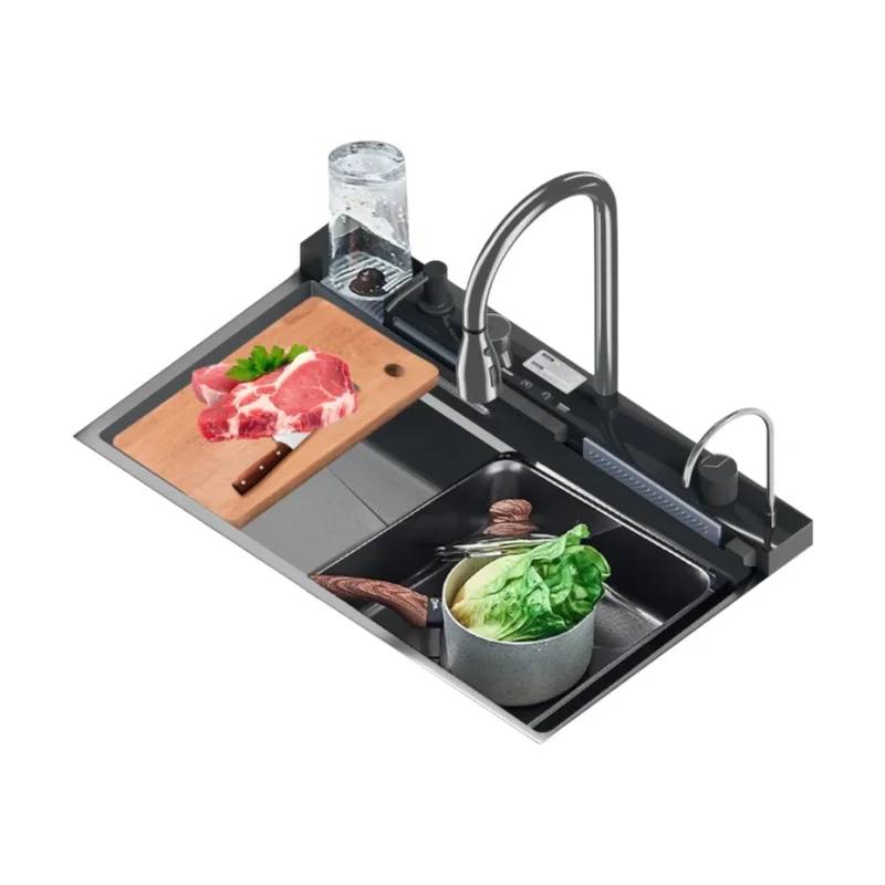 Fregadero de cocina cascada acero inoxidable con pantalla digital integrada