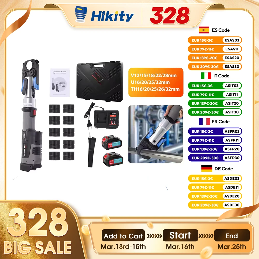 Kit de Herramienta de Prensado Eléctrico para Tuberías Hikity, Herramienta de Prensado Profesional para Tuberías de Cobre y Acero Inoxidable de 16/20/25/26/32 mm con Cargador