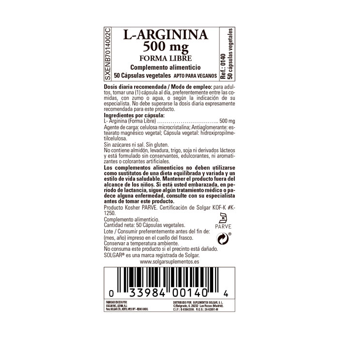 Solgar L-Arginina 500 mg 50 Cápsulas Vegetales