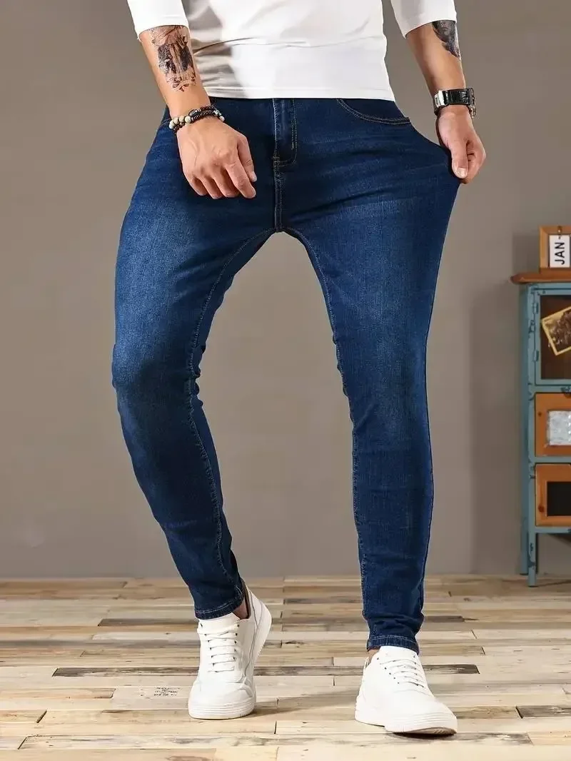 Pantalones vaqueros Slim Fit clásico Casual estilo callejero hombres Denim azul