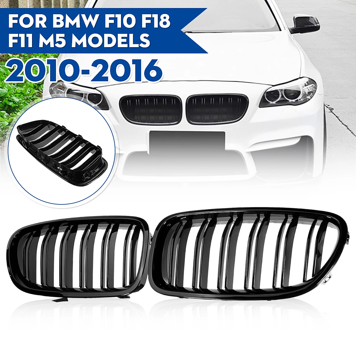 Rejilla de parrilla de doble listón delantera negra brillante para BMW 5 Series F10 F11 F18 2010-2017 parrillas de carreras de doble línea
