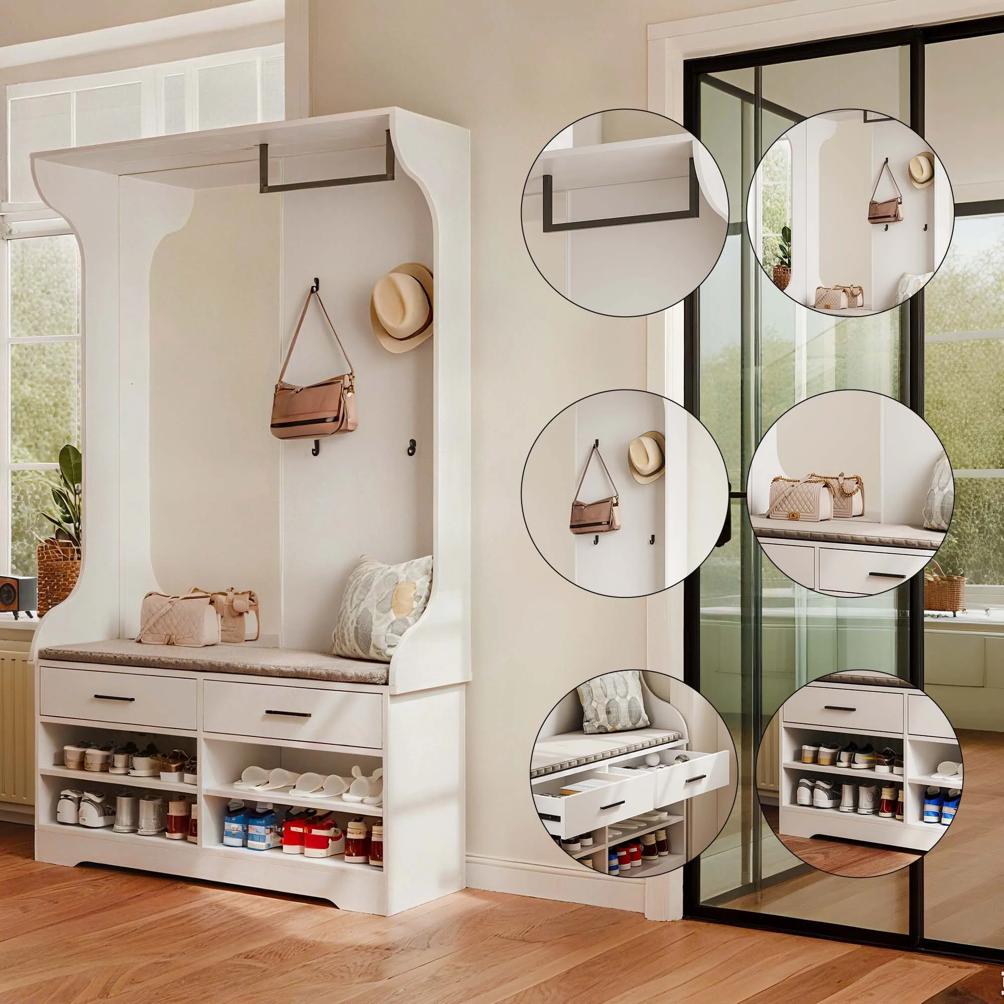 Armario Blanco con Espejo, 1 Perchero, 2 Cajones