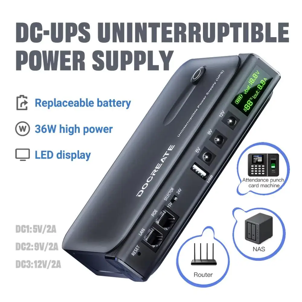 UPS DC Sistema de Fuent Ininterrumpida, Salida 5V-24V, Batería Reemplazable 4x18650